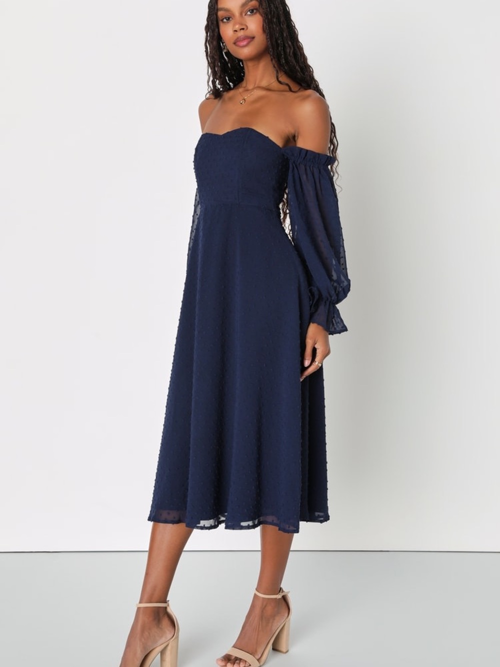 Lulus Lovely Angel Navy Blue Swiss Dot Off-the-Shoulder Midi Dress!